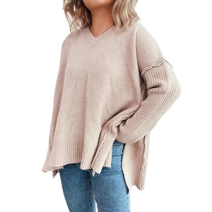 Damen Pullover V-Ausschnitt Strukturierte Ärmel Weites Design
