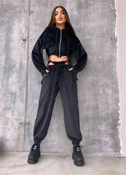 Damen Sportliches Velours-Set Reißverschluss Taillenschnitt Cropped