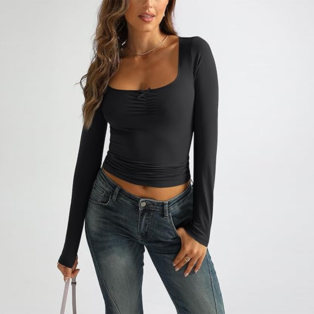 Damen Langarmshirt Quadratischer Ausschnitt Raffiniert Blau Eveloria