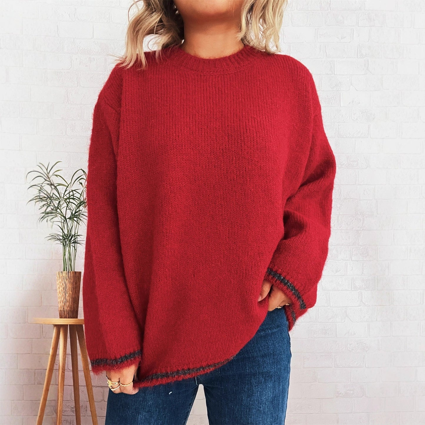 Damen Strickpullover Weich Lässig Beige