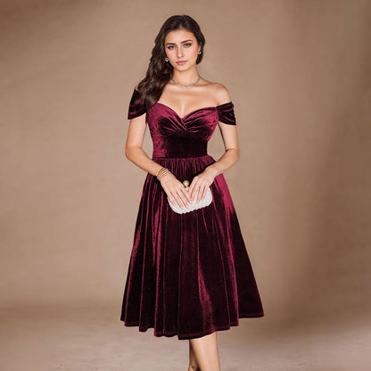 Damen Samt-Kleid Midi tiefes V-Neck elegante Taille