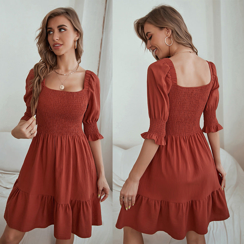 Damen Kurzarmkleid Geraffte Taille Voluminöser Rock Eveloria - Eveloria