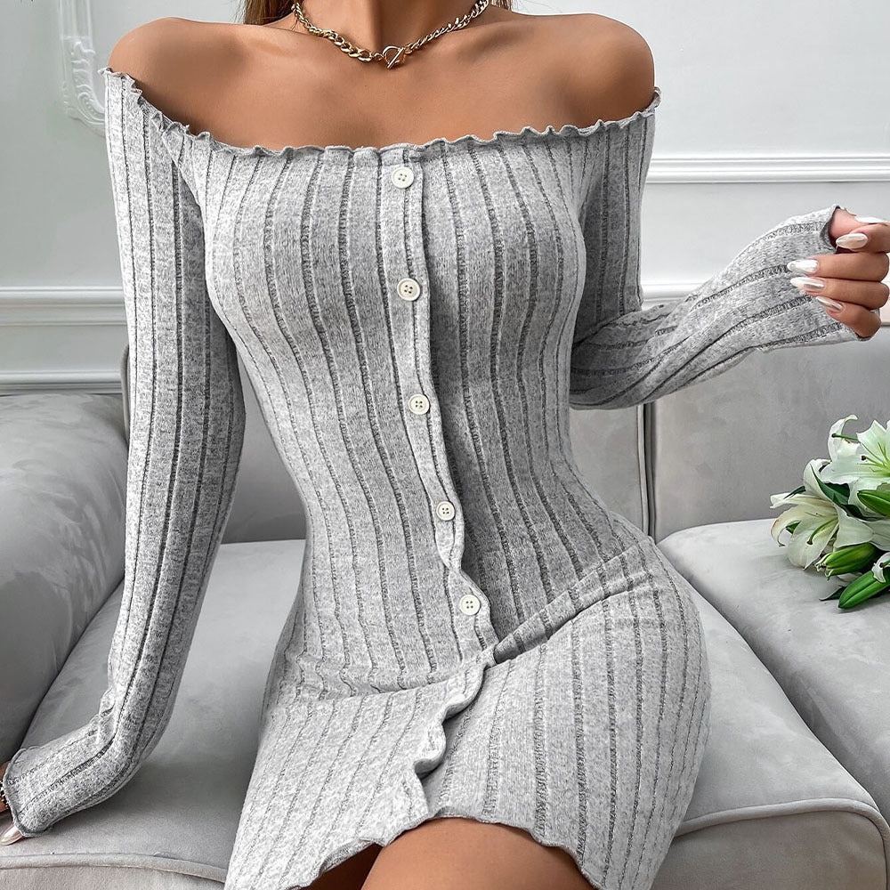 Damen Off-Shoulder Strickkleid mit Knopfleiste Elegantes Design