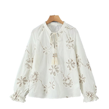 Damen Bluse mit Raffungen und Bestickung Eveloria