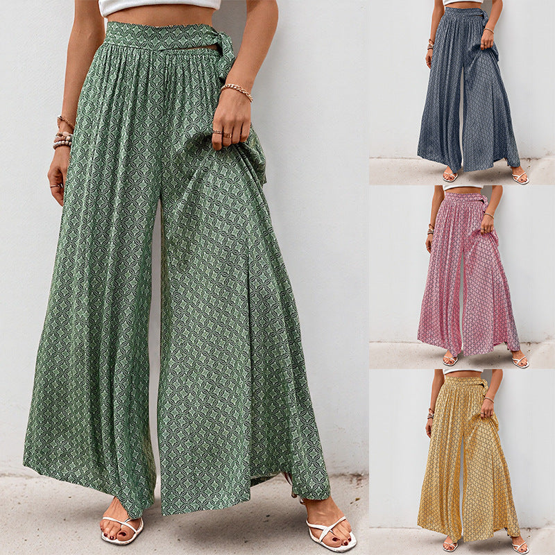 Damen Palazzo-Hose Weite mit Bindegürtel und Print - Eveloria