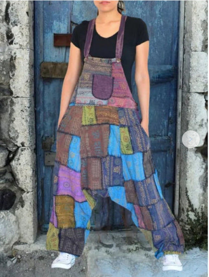 Damen Latzhose Patchwork Weite Beine Praktische Taschen Eveloria