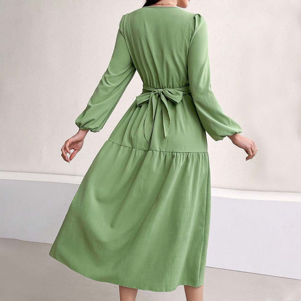 Damen Midikleid Wickeldetail Voluminöse Ärmel Eveloria