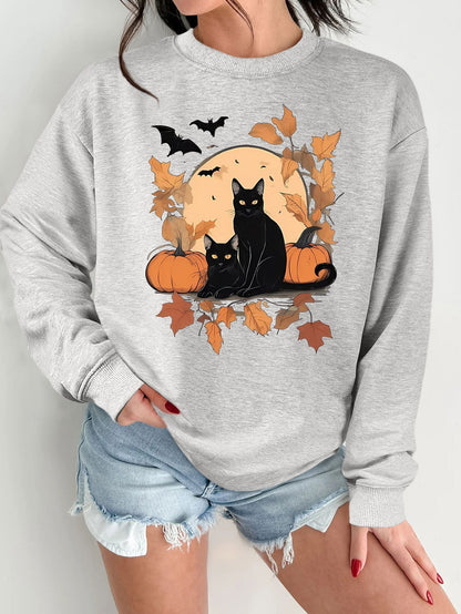 Damen Sweatshirt Herbstlich Katzen Kürbis Design Eveloria