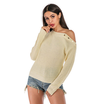 Damen Off-Shoulder Strickpullover mit Knopfdetails