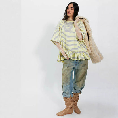 Damen Oversized T-Shirt Streifen Rüschendetail Weiss