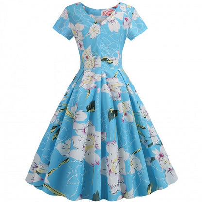 Damen Midikleid Rundhalsausschnitt Kurzärmel Blumenmuster Eveloria