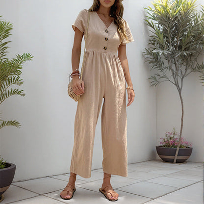 Damen Jumpsuit Knopfdetails Weite Beine Eveloria