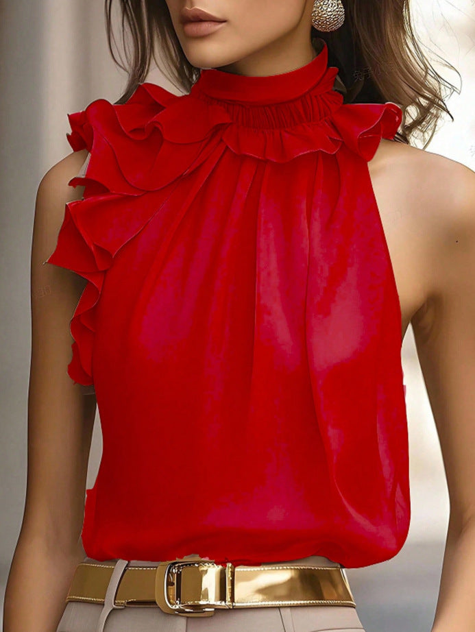 Damen Bluse Rüschendetails Hochgeschlossener Kragen Blau