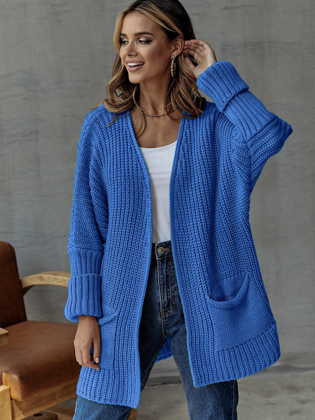 Damen Strickjacke Offene Front Große Taschen Eveloria