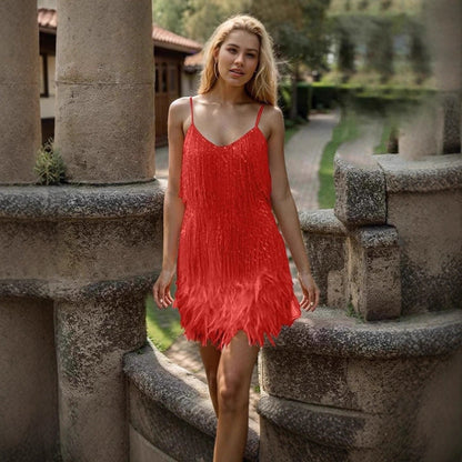 Damen Minikleid V-Ausschnitt Fransen