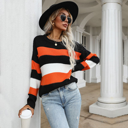 Damen Strickpullover Gestreift Voluminöse Ärmel Weite Passform