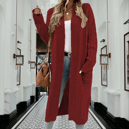Damen Cardigan Grobstrick Offenes Design Mit Taschen Beige