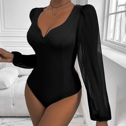Damen Body mit Puffärmeln und V-Ausschnitt
