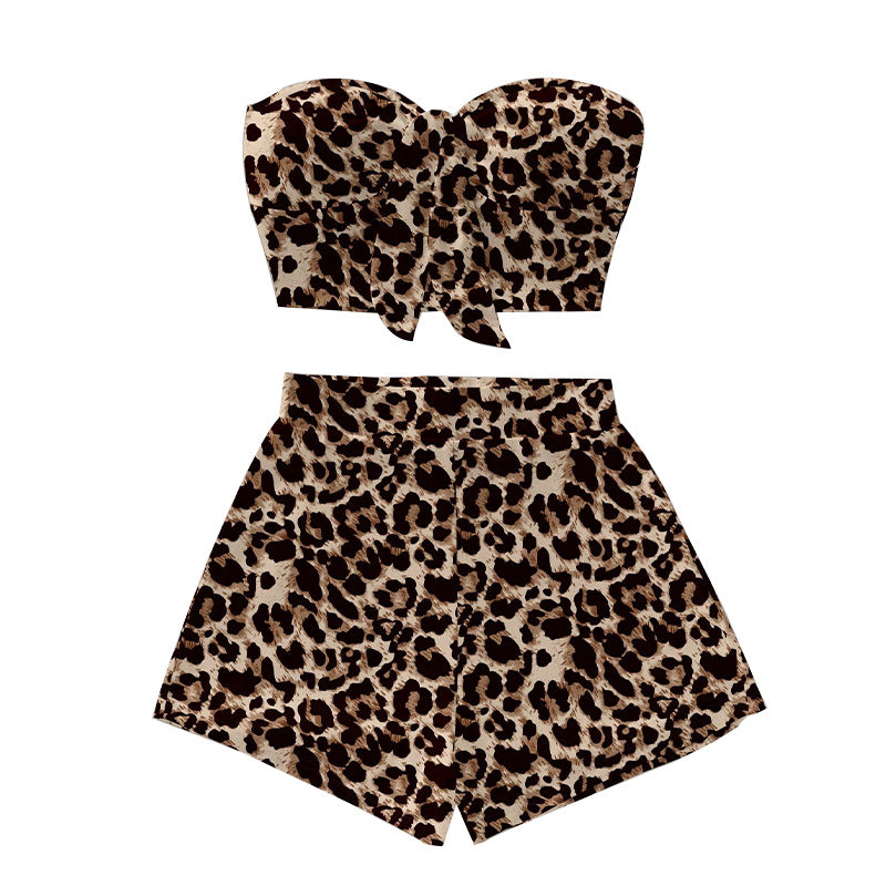 Damen Leopardenmuster Bikini-Set Bandeau-Oberteil Shorty-Shorts