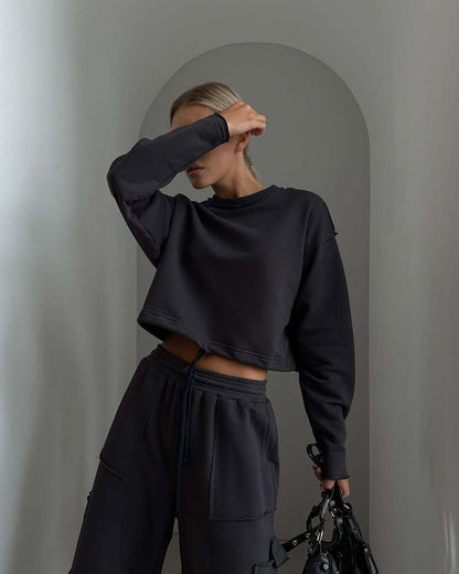 Damen Cropped Sweatshirt mit Kordelzug und weiten Ärmeln Grau