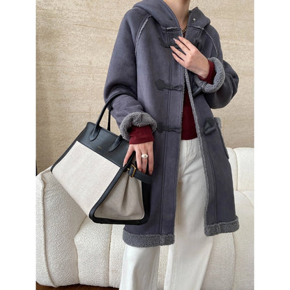 Damen Dufflecoat Strickmaterial Gemütliches Innenfutter