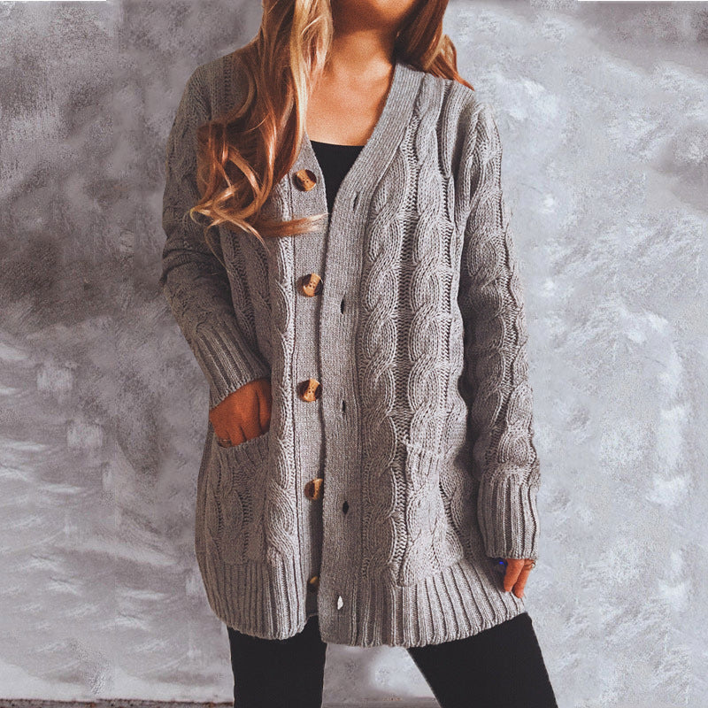 Damen Strickjacke V-Ausschnitt Knöpfe Grau Eveloria
