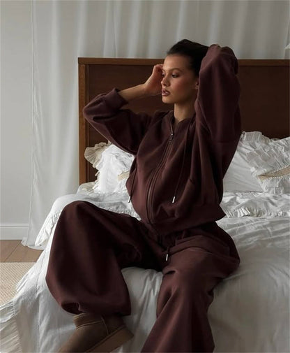 Damen Hoodie Jogginghosen Set Baumwolle Bequem Grau