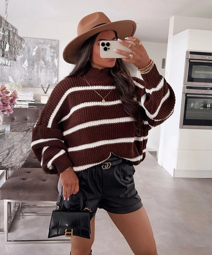 Damen Strickpullover locker mit Streifenmuster und hohem Kragen