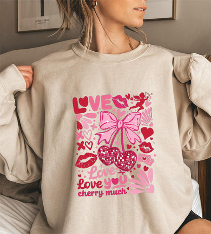 Damen Sweatshirt Voluminöse Ärmel Kirschmotiv