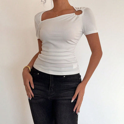 Damen Kurzarmshirt Asymmetrischer Ausschnitt Raffung