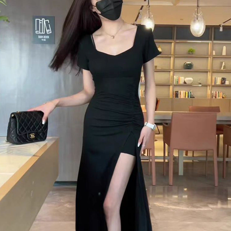 Damen Kleid Figurbetont Lange Version Raffungseffekt Hochschlitz
