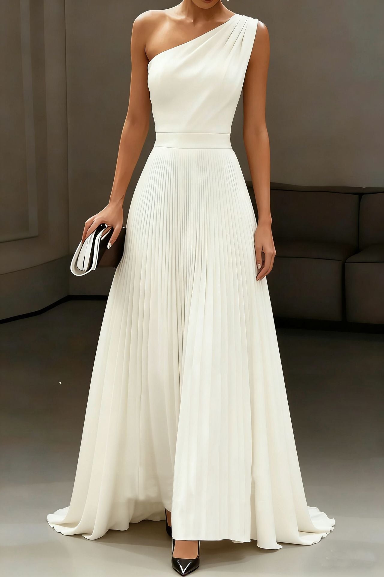 Damen Elegantes Schulterkleid Plissee Fließender Saum