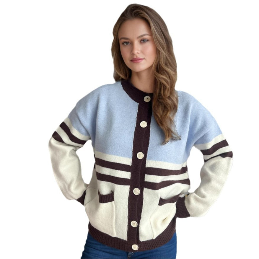 Damen Strickjacke Streifenmuster Große Knöpfe