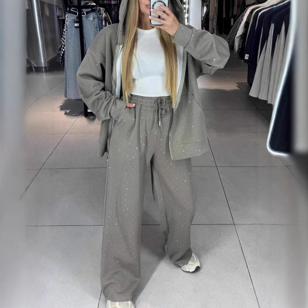 Damen Hoodie Jogginghosen Set Baumwolle Bequem Grau