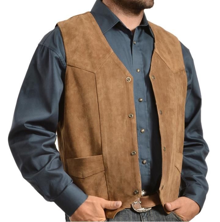 Herren Lederweste Wildleder Rustikal Mit Taschen Braun