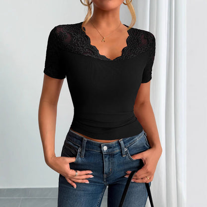 Eveloria Damen Bluse Mit Spitze Kurze Ärmel Spitzen Manschetten Weiß