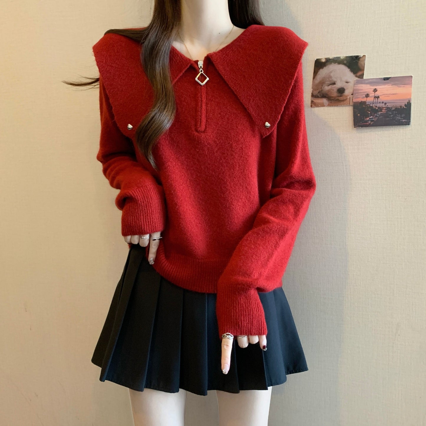 Damen Strickpullover Dekorativer Kragen Reißverschluss Eveloria