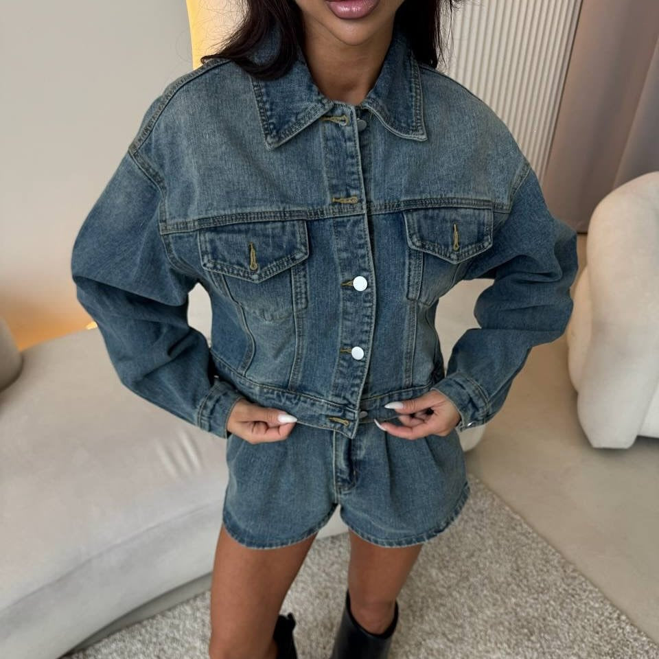Damen Denim-Jacke Kurzärmelig Blau mit Shorts