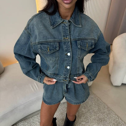 Damen Denim-Jacke Kurzärmelig Blau mit Shorts