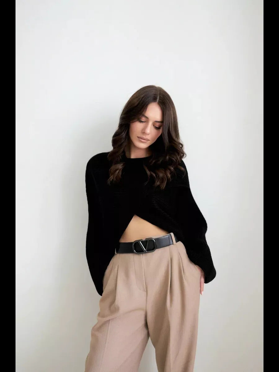 Damen Wickelpullover Lässig Weit Strukturiert Grau Eveloria