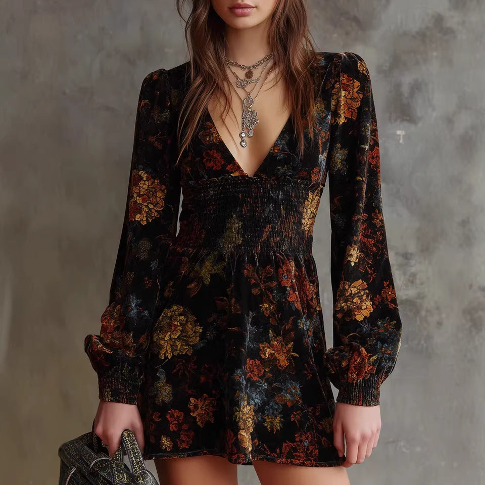 Damen Mini-Kleid Blumenmuster V-Ausschnitt Eveloria - Eveloria