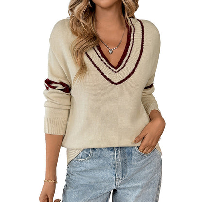 Damen Pullover V-Ausschnitt Kontraststreifen Locker