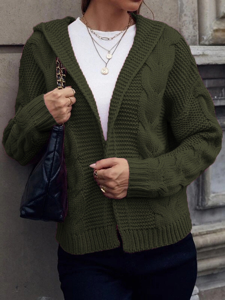 Damen Cardigan Grobstrick Kapuze Zopfmuster Beige