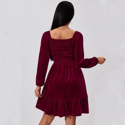 Damen Minikleid Samt Rüschendetails Elastischer Bund Eveloria