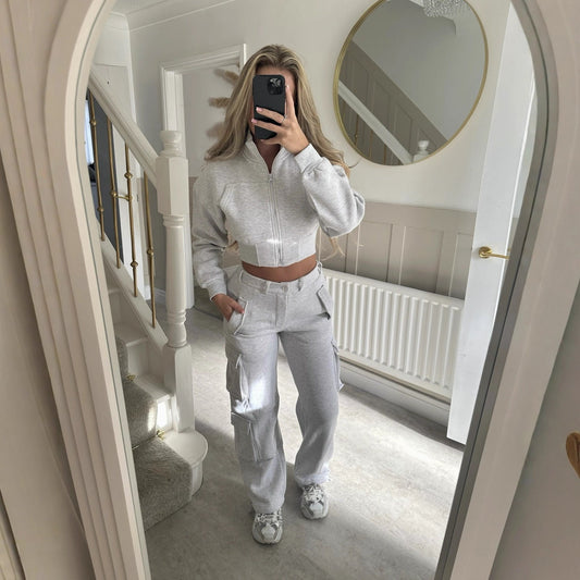 Damen Freizeit-Set Cropped mit Reißverschluss und Taschen Schwarz - Eveloria