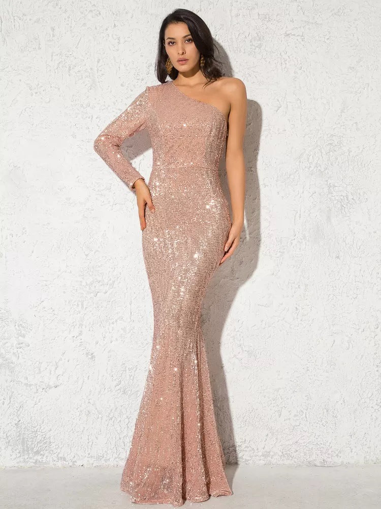 Damen Abendkleid Asymmetrischer Schnitt Glitzernd Eveloria