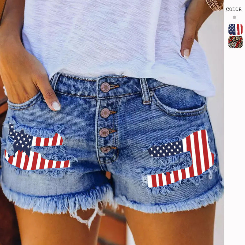 Damen Vintage-Shorts Jeans mit Flaggen-Applikationen Blau - Eveloria
