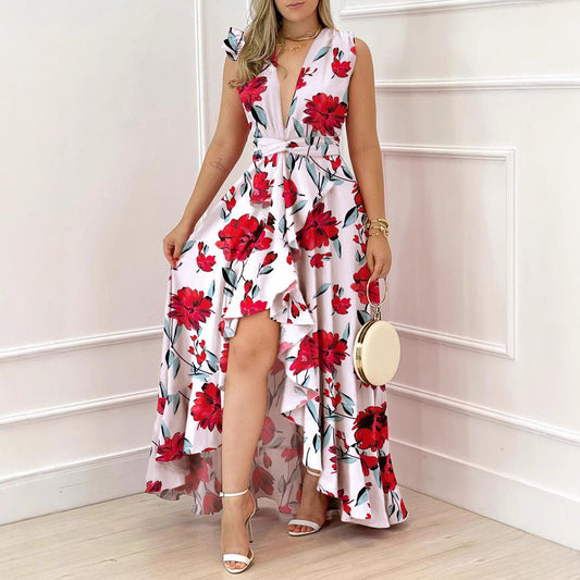 Damen Maxikleid Palmenmuster V-Ausschnitt Eveloria - Eveloria