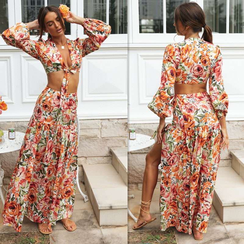 Damen Maxikleid Boho Chic mit Volant Puffärmeln - Eveloria