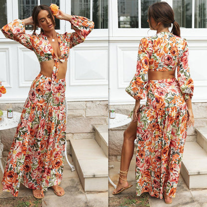 Damen Maxikleid Boho Chic mit Volant Puffärmeln - Eveloria